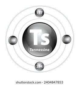 Elemento químico de estructura de iconos 	Tennessine (Ts) forma redonda círculo negro con anillo envolvente. Número de periodo muestra niveles de energía de electrones. Estudiar ciencia para la educación. Vector de ilustración 3D.