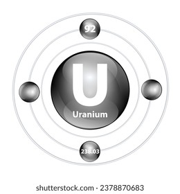 chemisches Icon-Element 	Uranium (U) runde Form Kreis schwarz mit Surround Ring. Die Periodenzahl zeigt den Energiegehalt von Elektron. Studiere Wissenschaft für Bildung. 3D-Illustrationsvektor.
