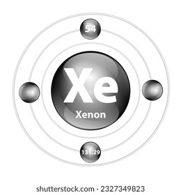 Icon structure chemical element 	Xenon (Xe) round shape circle black with surround ring. Period number shows of energy levels of electron. Study science for education. 3D Illustration vector.