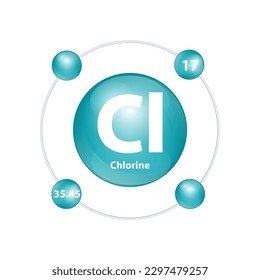 Icon structure Chlorine (Cl) chemical element round shape circle light dark green with surround ring. Number shows of energy levels of electron. Study science for education. 3D Illustration vector.