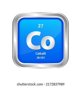 Icon structure Cobalt (Co) chemical element square blue line silver. Chemical element of periodic table. Sign with atomic number 27. Study in science for education. 3D vector illustration.