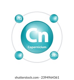 Icon structure Copernicium (Cn) chemical element round shape circle dark green with surround ring. Number shows of energy levels of electron. Study science for education. 3D Illustration vector.
