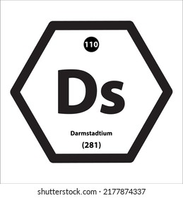 Icon structure Darmstadtium (Ds) chemical element icon hexagon shape black border white background. Is an element with atomic number 110 and symbol Ds. Study in science for education.