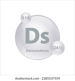 Icon structure Darmstadtium (Ds) chemical element round shape circle grey, silver easily. Periodic table Sign with atomic number. Study in science for education. 3D Illustration vector.