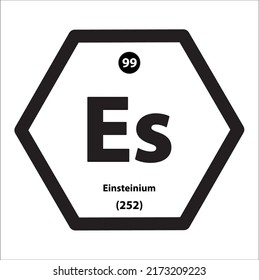 Icon structure Einsteinium (Es) chemical element icon hexagon shape black border white background. Is an element with atomic number 99 and symbol Es. Study in science for education.