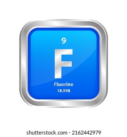 Icon structure Fluorine (F) number 9 chemical element square blue line silver. Chemical element of the periodic table. Sign with atomic number. Study in science for education. 3D vector illustration.