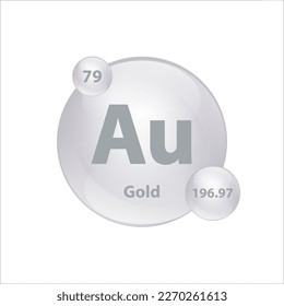 Estructura de iconos Oro, Aurum (Au) elemento químico forma redonda circulo gris, plata fácilmente. Tabla periódica Firma con número atómico. Estudio en ciencia para la educación. Vector de ilustración 3D.