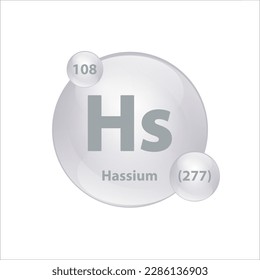 Estructura del icono Hassium (Hs) elemento químico forma redonda círculo gris, plata fácilmente. Elemento químico de la tabla periódica Signo con número atómico. Estudio en ciencia para la educación. Vector de ilustración 3D