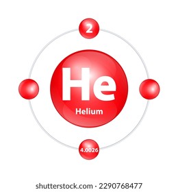 Icon structure Helium (He) chemical element round shape circle light red with surround ring. 3D Illustration vector. Period number shows of energy levels of electron. Study science for education.