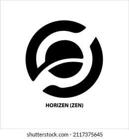 Symbolstruktur der Horizen (ZEN)-Münze schwarz einzeln auf weißem Hintergrund. Symbol der zukünftigen digitalen Währungsumtauschtechnologie. Kryptowährung Blockchain modern. 3D-Vektorgrafik.