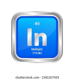 Icon structure Indium (In) chemical element square blue line silver. Chemical element of periodic table. Sign with atomic number 49. Study in science for education. 3D vector illustration.