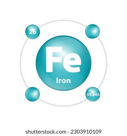 Estructura de iconos Elemento químico de hierro (Fe) forma redonda círculo verde oscuro con anillo envolvente. Número de muestras de niveles de energía de electrones. Estudiar ciencia para la educación. Vector de ilustración 3D.