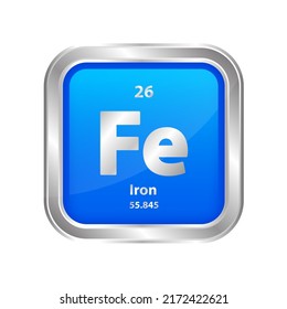 Icon structure Iron, Ferrum (Fe) chemical element square blue line silver. Chemical element of periodic table. Sign with atomic number 26. Study in science for education. 3D vector illustration.