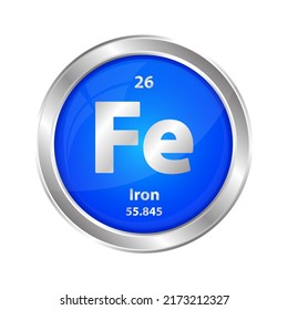 Icon structure Iron, Ferrum (Fe) chemical element round shape circle blue line silver. Chemical of periodic table Sign with atomic number. Study in science for education. 3D Illustration vector. 