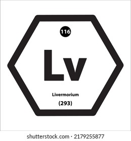 Icon structure Livermorium (Lv) chemical element icon hexagon shape black border white background. Is an element with atomic number 116 and symbol Lv. Study in science for education.