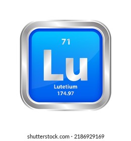 Icon structure Lutetium (Lu) chemical element square blue line silver. Chemical element of periodic table. Sign with atomic number 71. Study in science for education. 3D vector illustration.