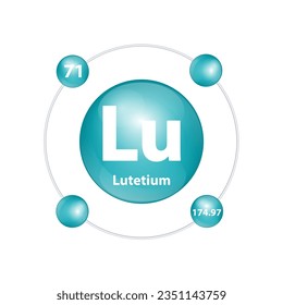 Icon structure Lutetium (Lu) chemical element round shape circle dark green with surround ring. Number shows of energy levels of electron. Study science for education. 3D Illustration vector.