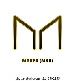 Icon structure Maker (MKR) coin black line with gold border isolated white background. 3D Vector illustration. Symbol future digital currency replacement technology. Cryptocurrency blockchain.