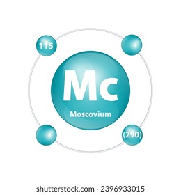 Icon structure Moscovium (Mo) chemical element round shape circle dark green with surround ring. Number shows of energy levels of electron. Study science for education. 3D Illustration vector.