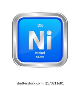 Icon structure Nickel (Ni) chemical element square blue line silver. Chemical element of periodic table. Sign with atomic number 28. Study in science for education. 3D vector illustration.