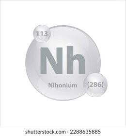 Estructura de iconos Elemento químico Nihonium (Nh) forma redonda círculo gris, plata fácilmente. Elemento químico de la tabla periódica Signo con número atómico. Estudio en ciencia para la educación. Vector de ilustración 3D