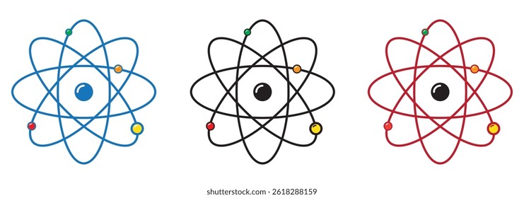 Estrutura de ícones do núcleo do átomo. Ao redor do átomo, ondas gama, prótons, nêutrons e elétrons