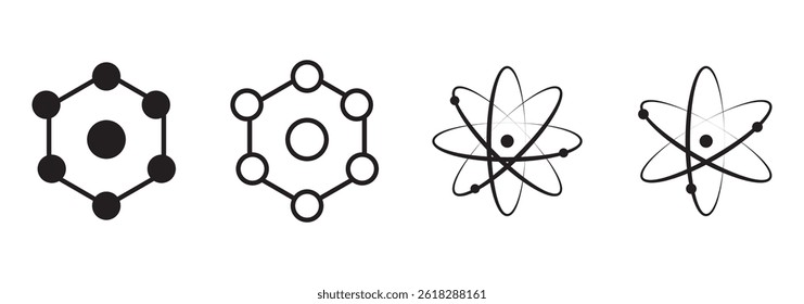 Estrutura de ícones do núcleo do átomo. Ao redor do átomo, ondas gama, prótons, nêutrons e elétrons