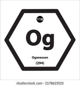 Estructura de iconos Oganesson (Og) elemento químico icono hexágono forma el fondo blanco del borde negro. Es un elemento con el número atómico 118 y el símbolo Og. Estudio en ciencia para la educación.