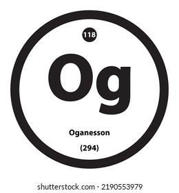 Estructura de iconos Oganesson (Og) elemento químico forma redonda círculo borde negro fondo blanco. Es un elemento químico con el número atómico 118 y el símbolo On. Estudio en ciencia para la educación.