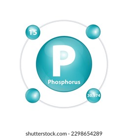 Icon structure Phosphorus (P) chemical element round shape circle dark green with surround ring. Number shows of energy levels of electron. Study science for education. 3D Illustration vector.