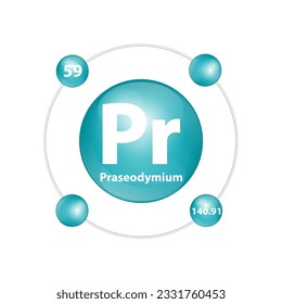 Icon structure Praseodymium (Pr) chemical element round shape circle dark green with surround ring. Number shows of energy levels of electron. Study science for education. 3D Illustration vector.