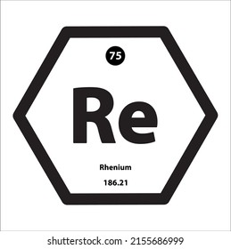 Icon structure Rhenium (Re) chemical element icon hexagon shape black border white background. Is an element with atomic number 75 and symbol Re. Study in science for education.