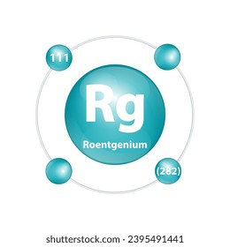 Icon structure Roentgenium (Rg) chemical element round shape circle dark green with surround ring. Number shows of energy levels of electron. Study science for education. 3D Illustration vector.
