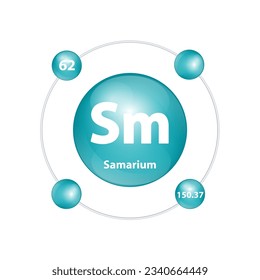 Icon structure Samarium (Sm) chemical element round shape circle dark green with surround ring. Number shows of energy levels of electron. Study science for education. 3D Illustration vector.