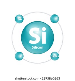 Estructura de iconos Elemento químico de silicio (Si) forma redondeada círculo luz verde oscuro con anillo envolvente. Número de muestras de niveles de energía de electrones. Estudiar ciencia para la educación. Vector de ilustración 3D.