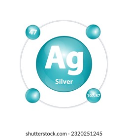 Icon structure Silver (Ag) chemical element round shape circle dark green with surround ring. Number shows of energy levels of electron. Study science for education. 3D Illustration vector.