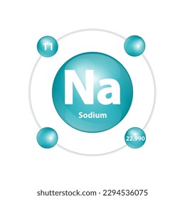 Icon structure Sodium, Natrium (Na) chemical element round shape circle dark green with surround ring. Number shows of energy levels of electron. Study science for education. 3D Illustration vector.