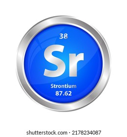 Symbolstruktur Strontium (Sr) chemisches Element rund Form Kreis blauer Linie Silber. Chemisches Element der periodischen Tabelle Zeichen mit Atomnummer. Studium der Wissenschaft für Bildung. 3D-Illustrationsvektor.