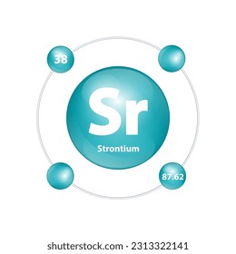 Icon structure Strontium (Sr) chemical element round shape circle dark green with surround ring. Number shows of energy levels of electron. Study science for education. 3D Illustration vector.