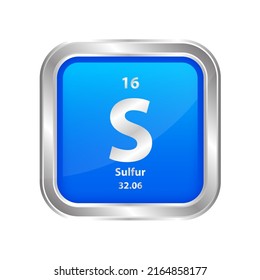 Icon structure Sulfur, Sulphur (S) chemical element square blue line silver. Chemical element of periodic table. Sign with atomic number 16. Study in science for education. 3D vector illustration.