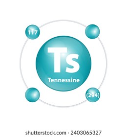 Icon structure Tennessine (Ts) chemical element round shape circle dark green with surround ring. Number shows of energy levels of electron. Study science for education. 3D Illustration vector.