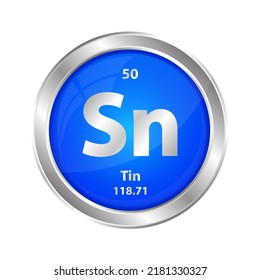 Icon structure Tin, Stannum (Sn) chemical element round shape circle blue line silver. Chemical element of periodic table Sign with atomic number. Study in science for education 3D Illustration vector