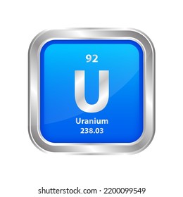 Symbolstruktur Uranium (U) chemisches Element quadratische blaue Linie Silber. Chemisches Element der periodischen Tabelle. Unterschreiben Sie mit der Atomnummer 92. Studium der Wissenschaft für Bildung. 3D-Vektorgrafik.