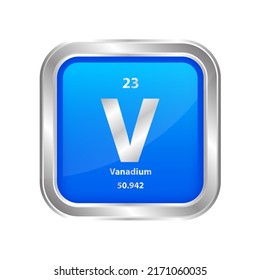 Icon structure Vanadium (V) chemical element square blue line silver. Chemical element of periodic table. Sign with atomic number 23. Study in science for education. 3D vector illustration.