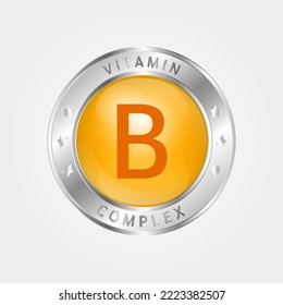 Icon structure vitamin B circle yellow, gold. silver border. Pill complex, collagen serum chemical formula. Beauty treatment nutrition skin care design, healthy. Medical, scientific. 3D Vector EPS10.