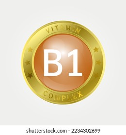 Symbolstruktur Vitamin B1 Kreis hellgelb. Goldgrenze. Pilzkomplex, Kollagen Serumchemikalien. 3D-Vektor EPS10. Schönheitsbehandlung Ernährung Hautpflege Design, gesund. Medizinisch, wissenschaftlich. 