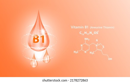 Icon structure vitamin B1 drop water collagen orange. 3D Realistic Vector. Medical and scientific concepts. Beauty treatment nutrition skin care design. Solution complex with Chemical formula nature.