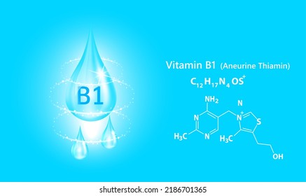 Icon structure vitamin B1 drop water collagen blue. 3D Realistic Vector. Medical and scientific concepts. Beauty treatment nutrition skin care design. Solution complex with Chemical formula nature.