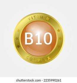  Icon structure Vitamin B10 circle light Yellow. gold border. Pill complex, collagen serum chemical formula. 3D vector EPS10. Beauty treatment nutrition skin care design, healthy. Medical, scientific 