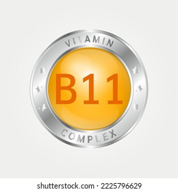 Icon structure vitamin B11 circle yellow, gold. silver border. Pill complex, collagen serum chemical formula. Beauty treatment nutrition skin care design, healthy. Medical, scientific. 3D Vector EPS10